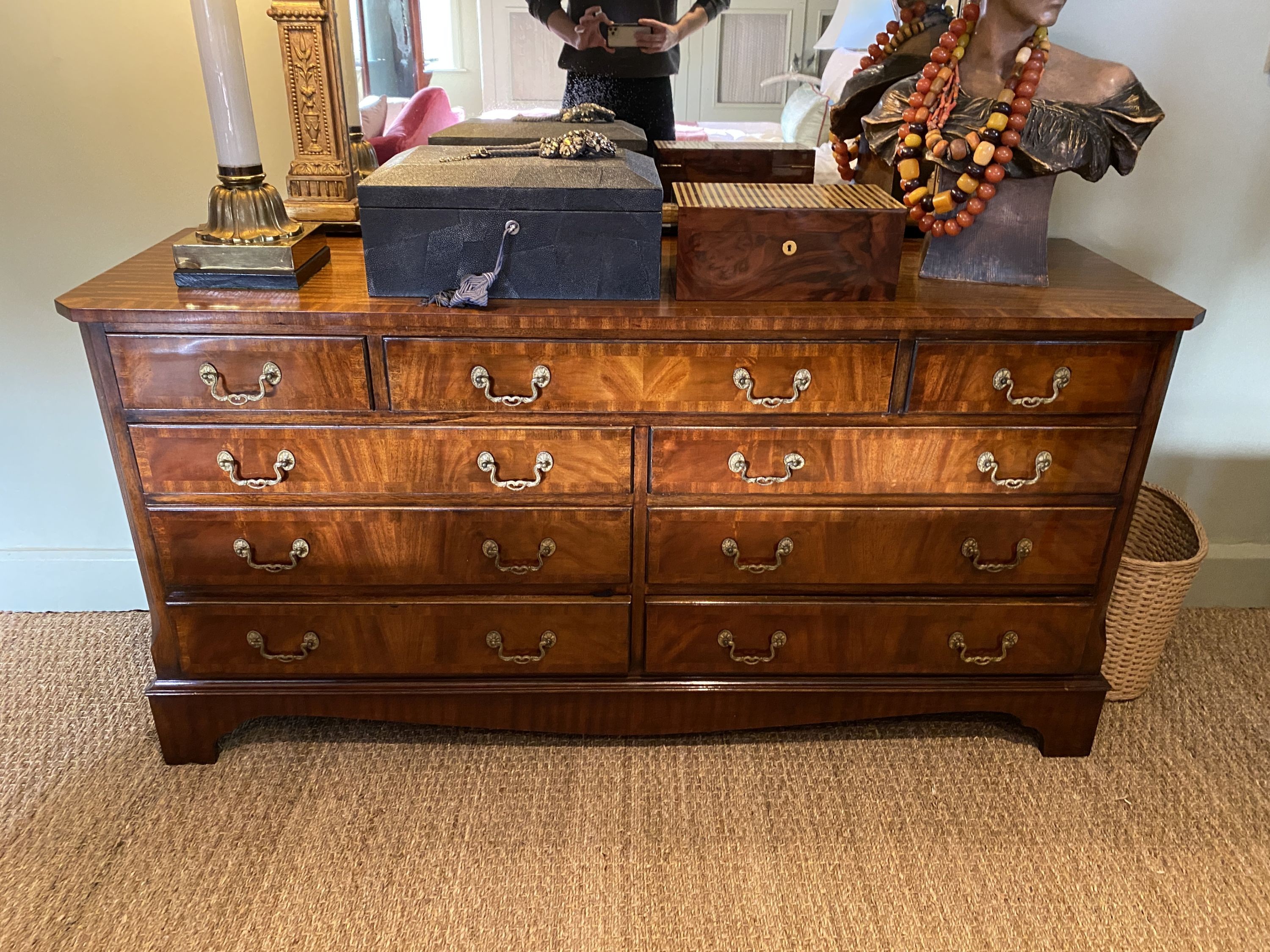 A modern Georgian style mahogany nine drawer chest, width 153cm depth 49cm height 75cm